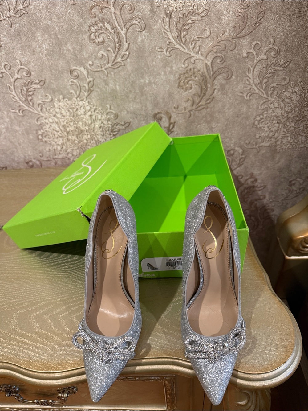 Sam Edelman Silver Glitter Pointed Toe Heels with Bow Detail
